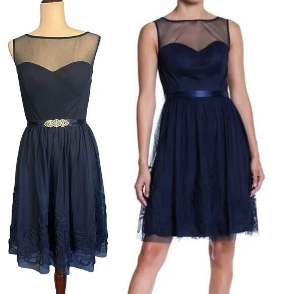 Eliza J Sleeveless Illusion Neckline Belted Cocktail Dress Navy Large - Picture 1 of 12